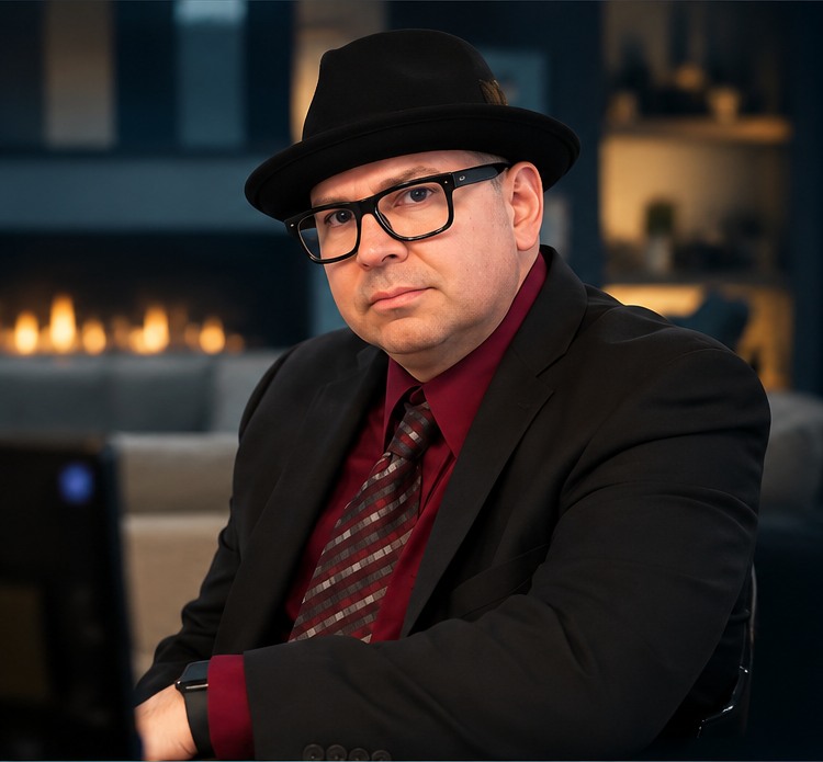 Carlos Escoto wearing a dark suit, burgundy shirt, glasses, and black hat, cinematic portrait treatment